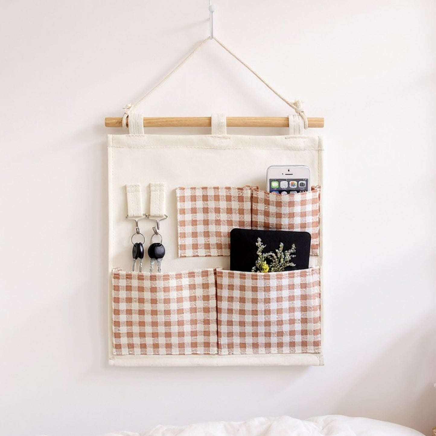 Hanging Wall Organizer with Green Gingham Pockets and Wooden Rod 12x14in