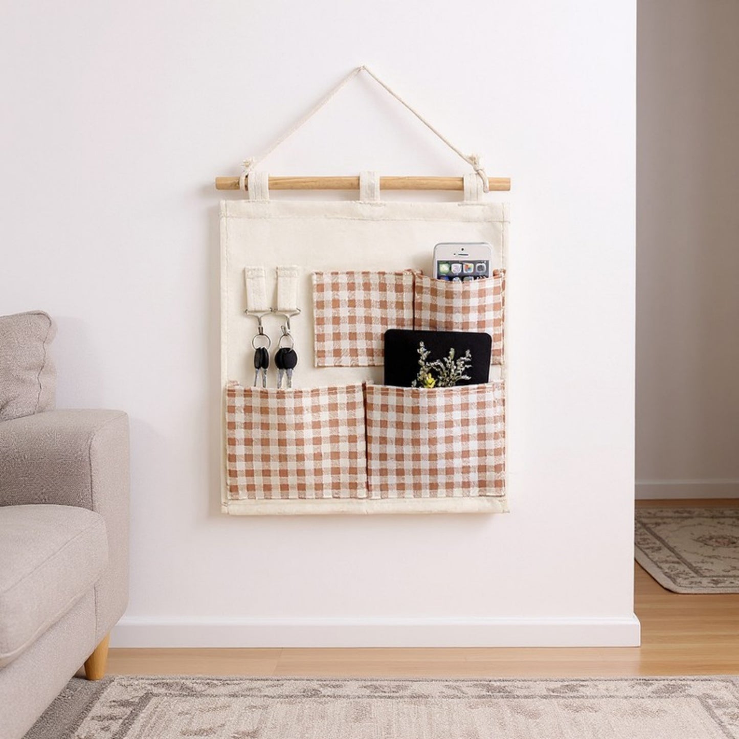 Hanging Wall Organizer with Green Gingham Pockets and Wooden Rod 12x14in