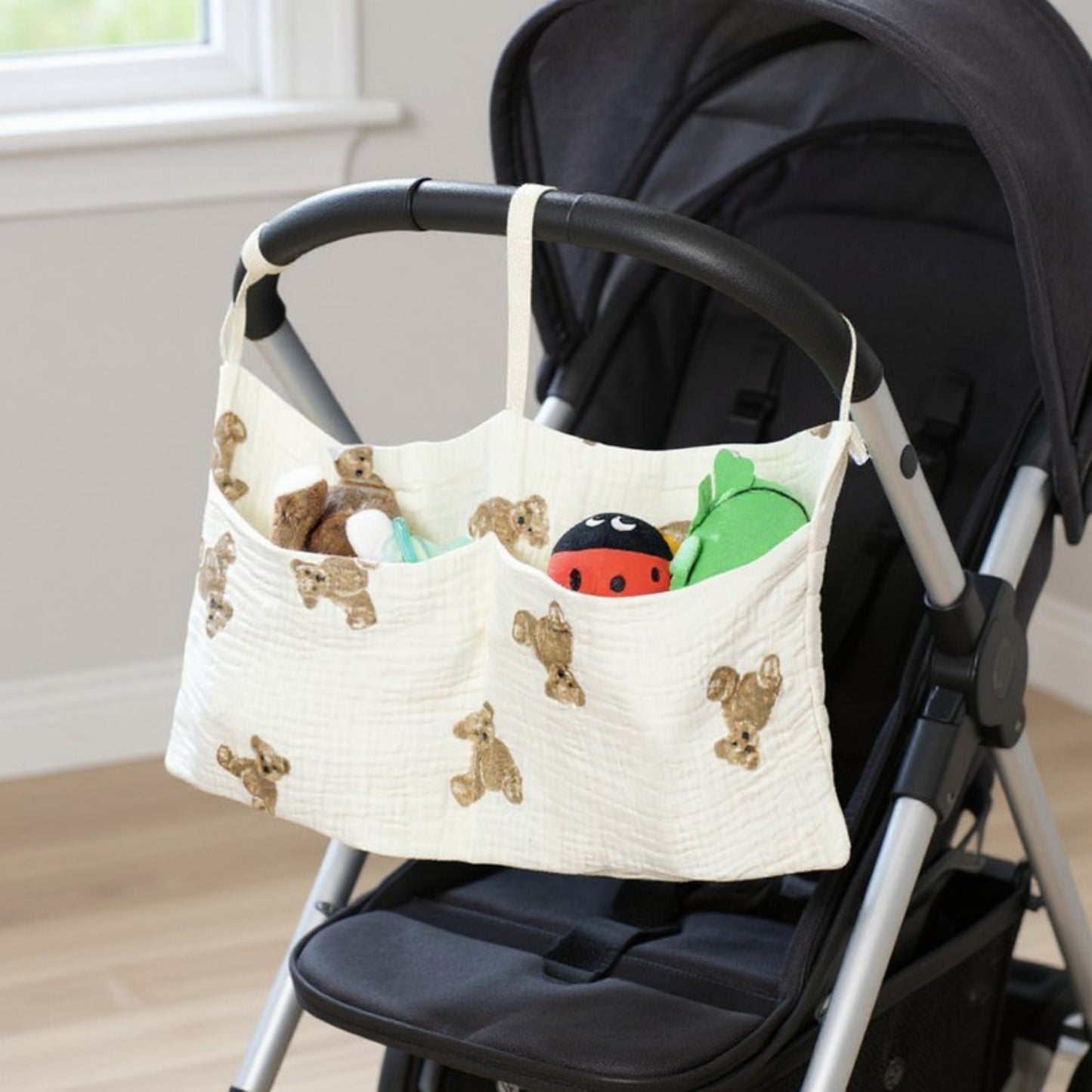 Stroller Organizer Bag with Teddy Bear Embroidery and Multi-Pocket Design 7x15in