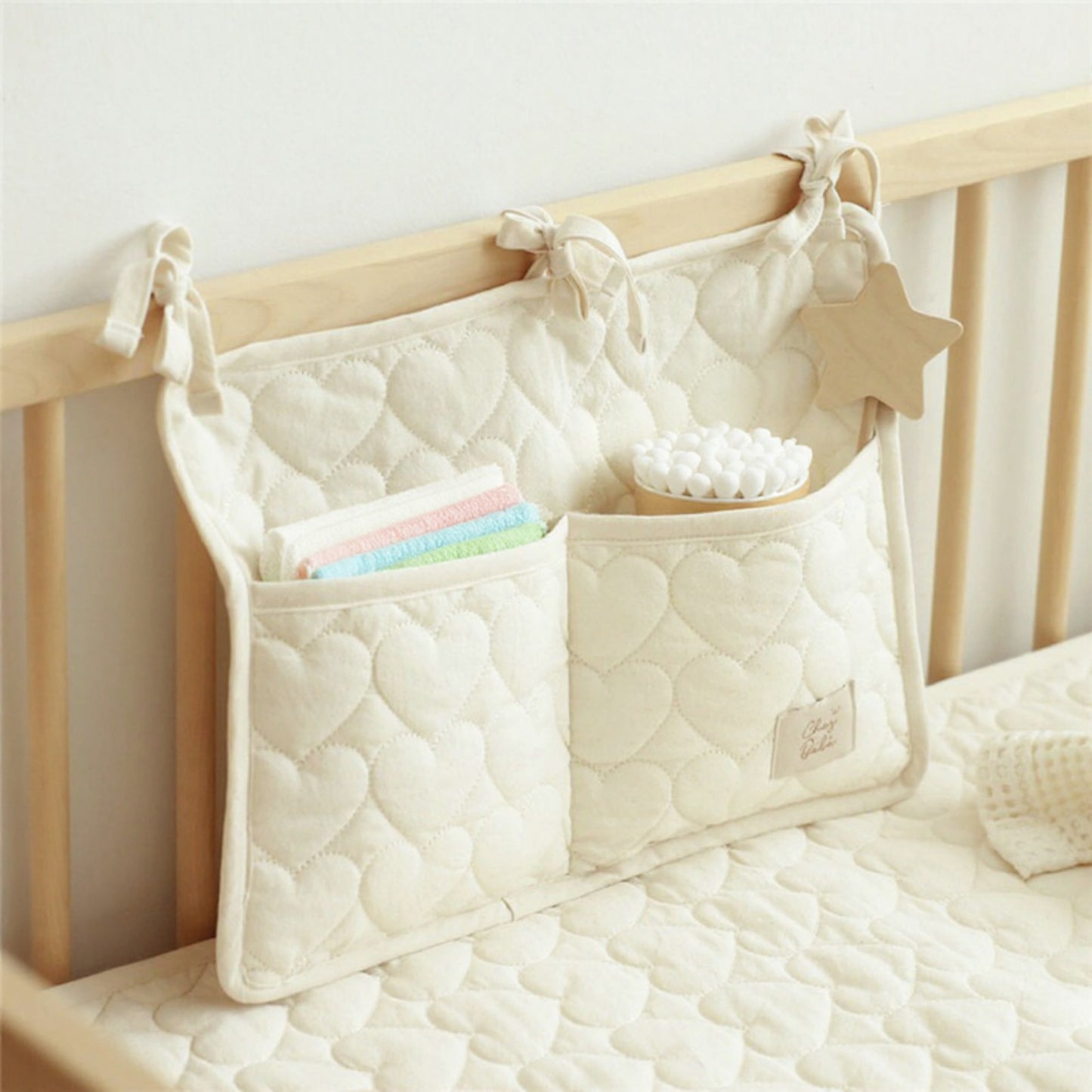 Quilted Heart Pattern Hanging Storage Pouch with Bow Tie Straps