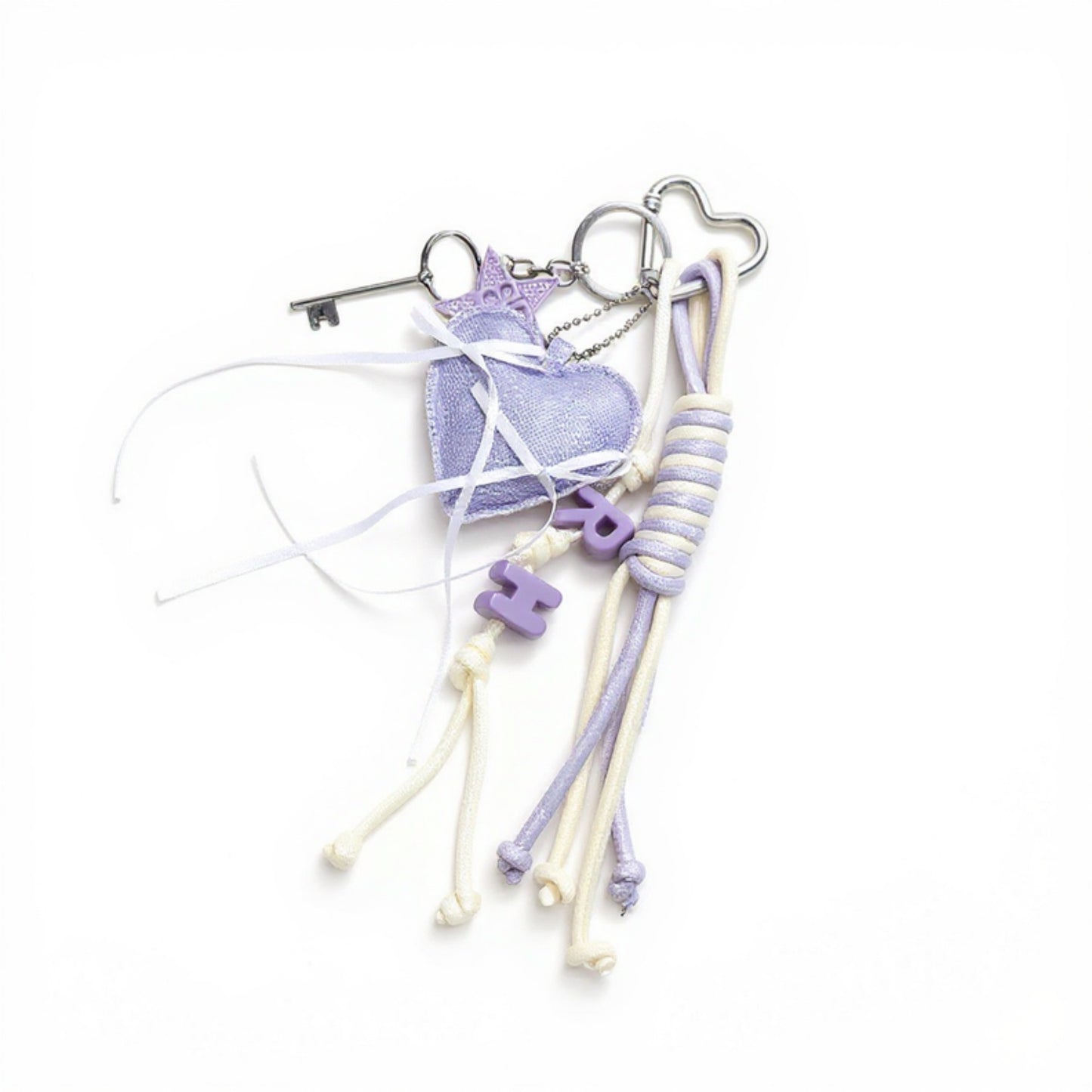 Heart Charm Keychain with Ribbon Tassels and Alphabet Beads