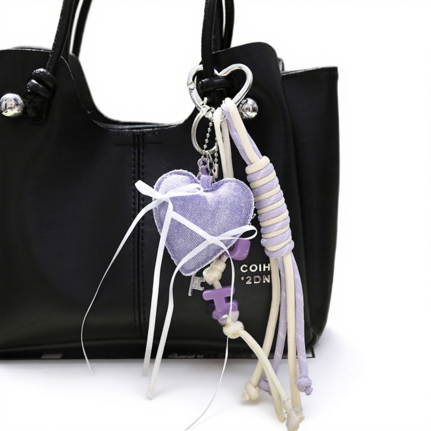 Heart Charm Keychain with Ribbon Tassels and Alphabet Beads