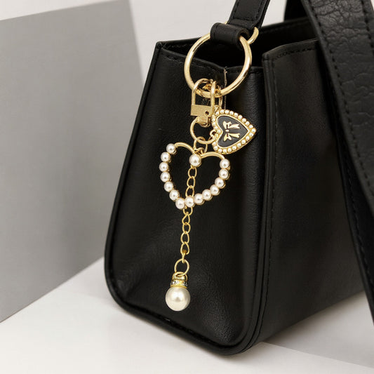 3-Piece Pearl Heart Charm Keychain with Gold Chain and Enamel Accent