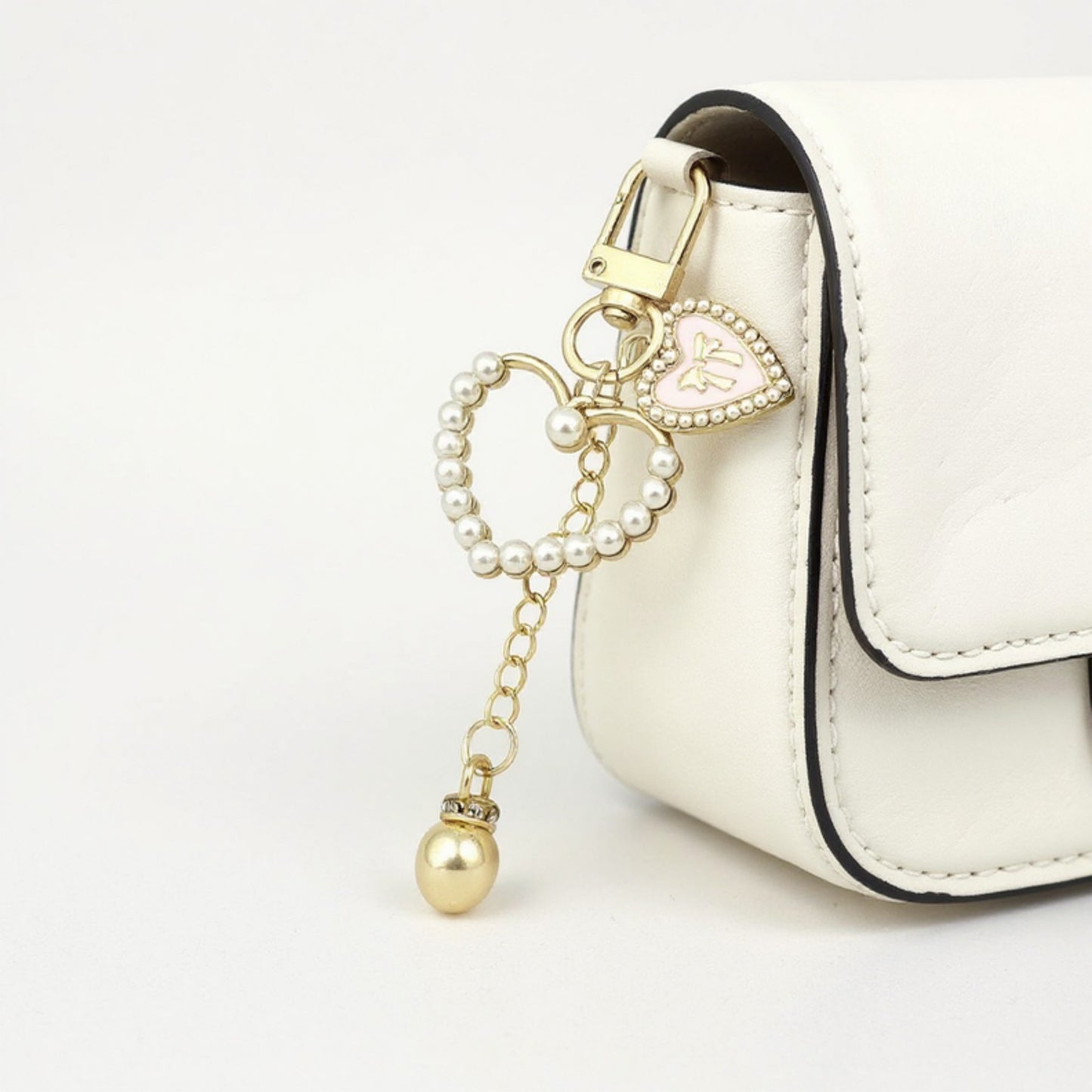 3-Piece Pearl Heart Charm Keychain with Gold Chain and Enamel Accent