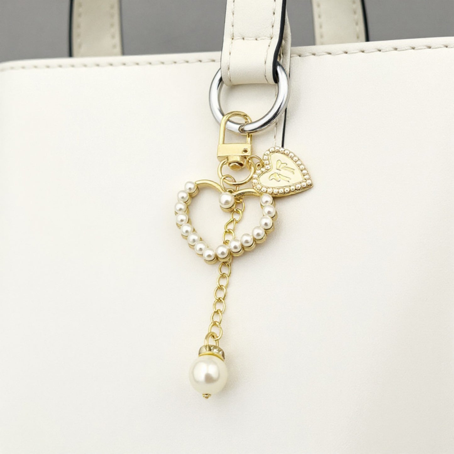 3-Piece Pearl Heart Charm Keychain with Gold Chain and Enamel Accent