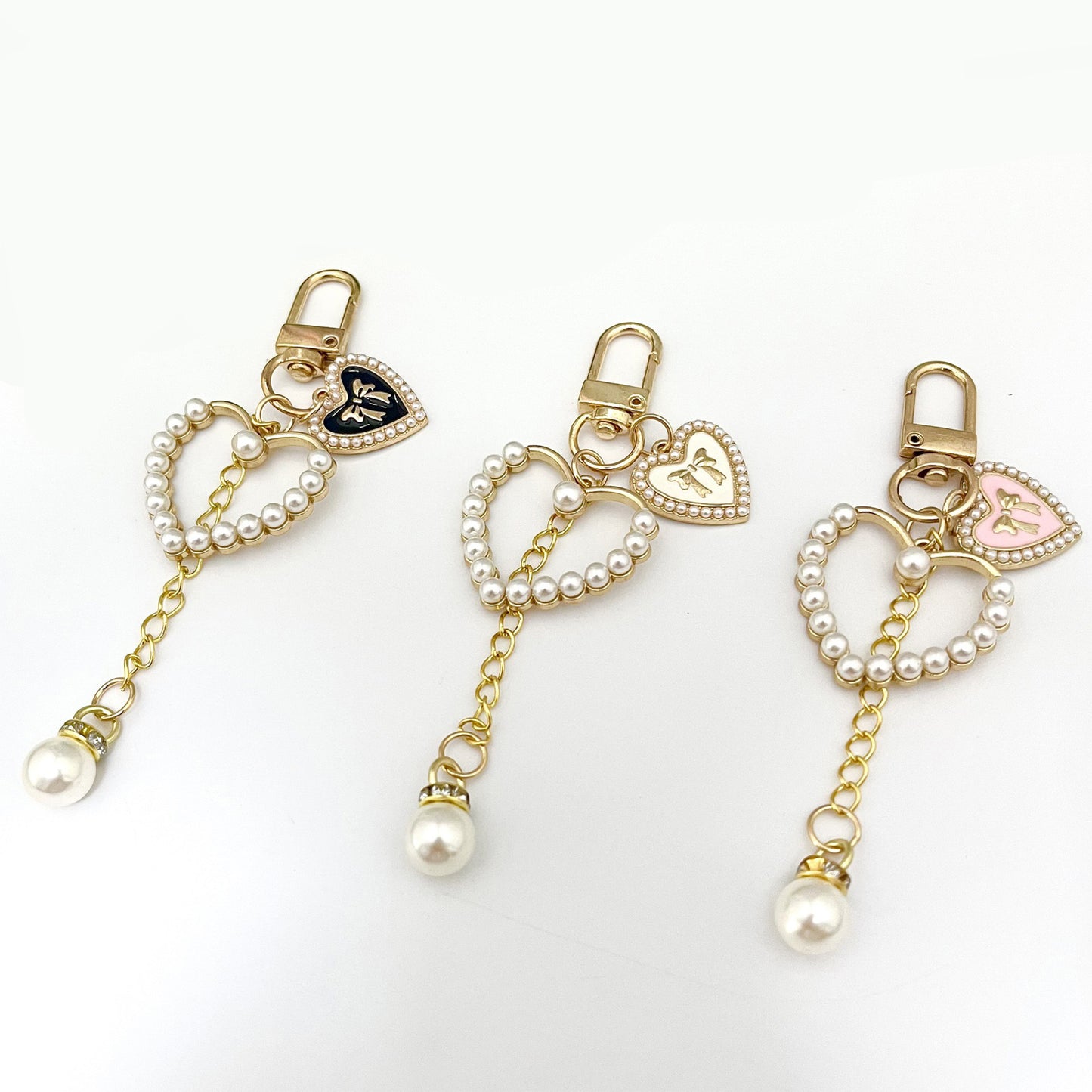 3-Piece Pearl Heart Charm Keychain with Gold Chain and Enamel Accent