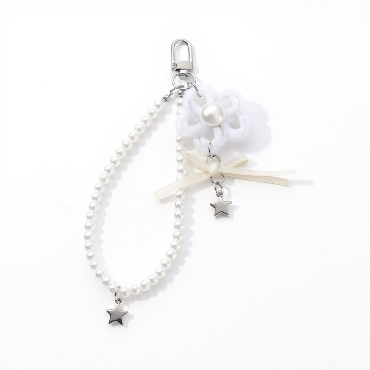 Pearl Beaded Keychain with Ribbon Bow and Star Charms