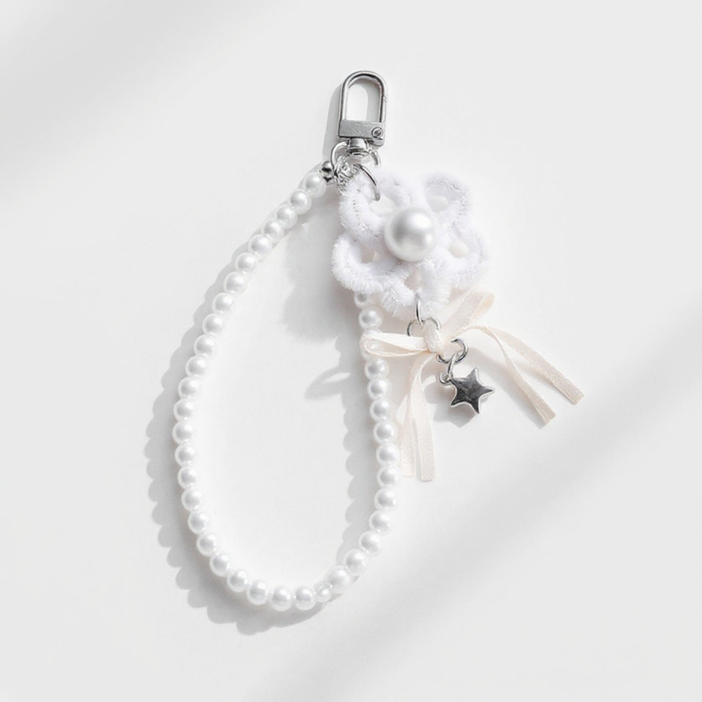 Pearl Beaded Keychain with Ribbon Bow and Star Charms