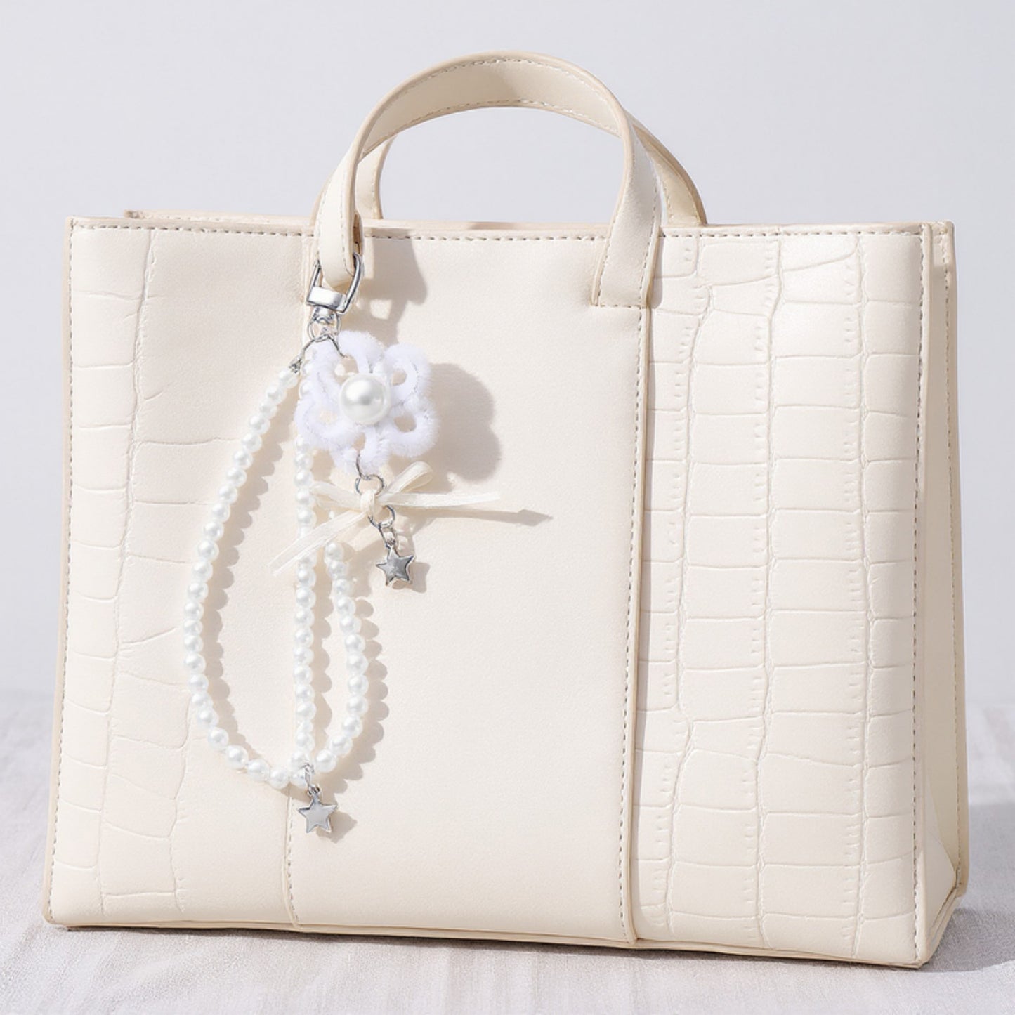 Pearl Beaded Keychain with Ribbon Bow and Star Charms