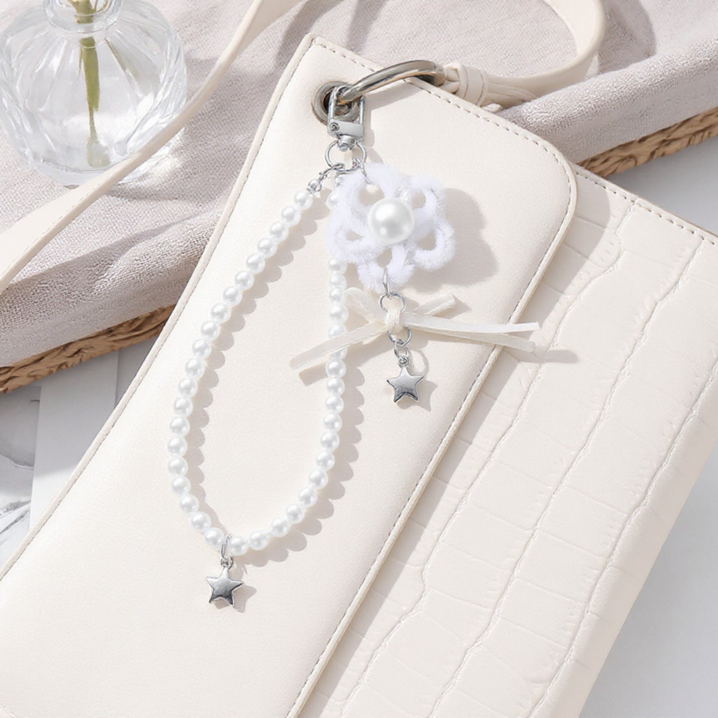 Pearl Beaded Keychain with Ribbon Bow and Star Charms
