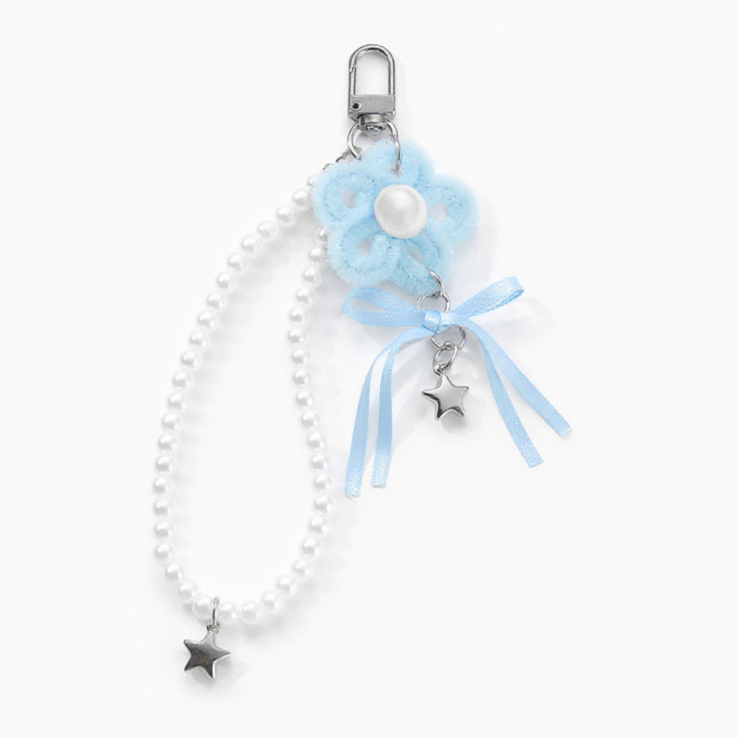 Pearl Beaded Keychain with Ribbon Bow and Star Charms