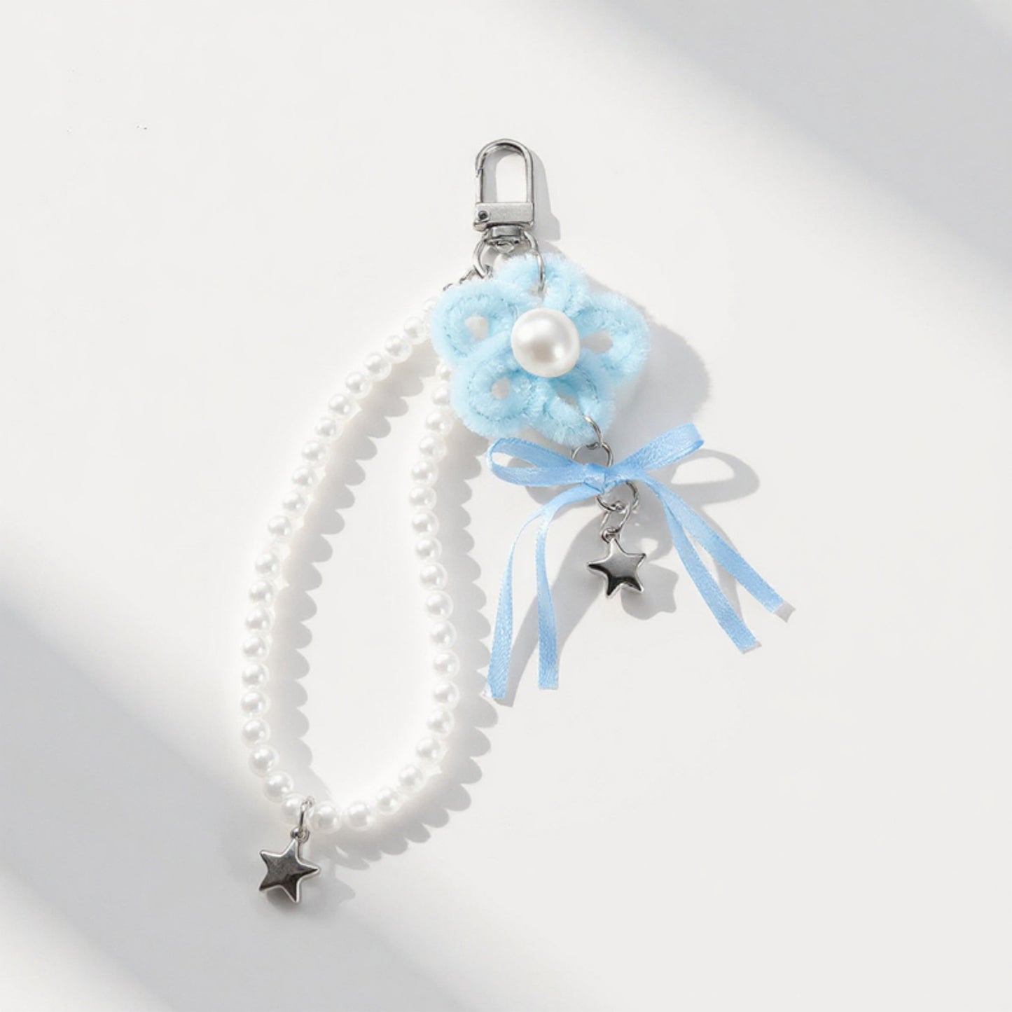 Pearl Beaded Keychain with Ribbon Bow and Star Charms