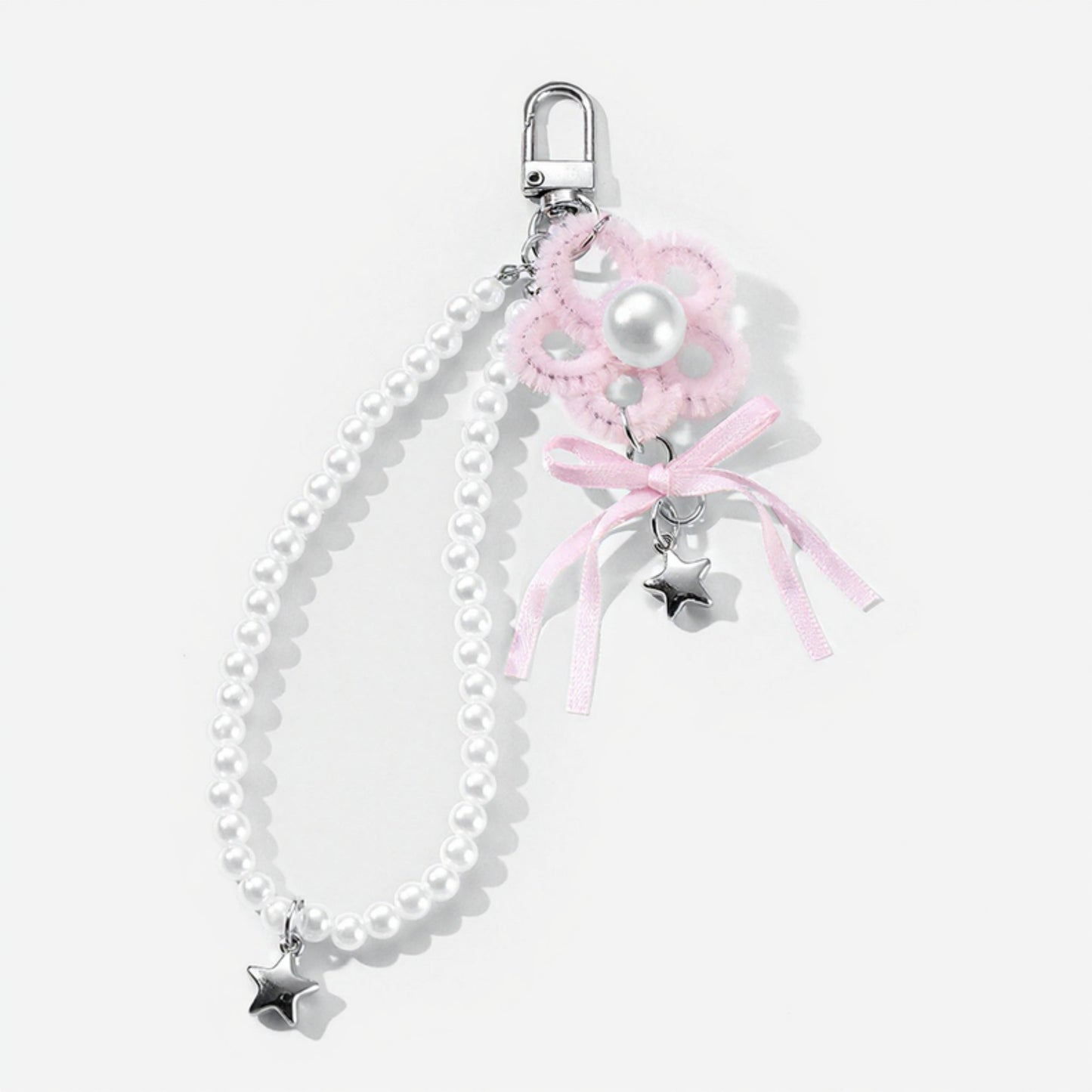 Pearl Beaded Keychain with Ribbon Bow and Star Charms