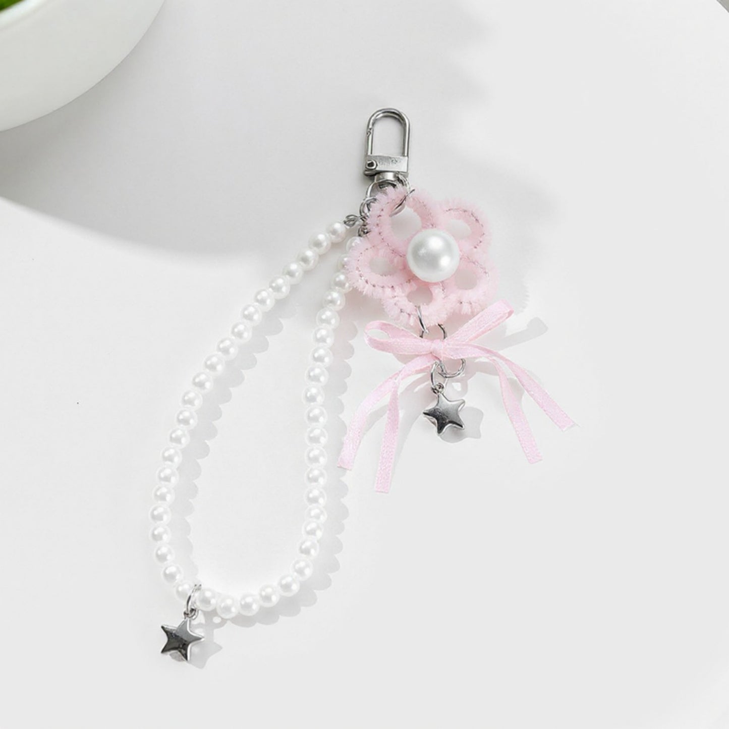 Pearl Beaded Keychain with Ribbon Bow and Star Charms