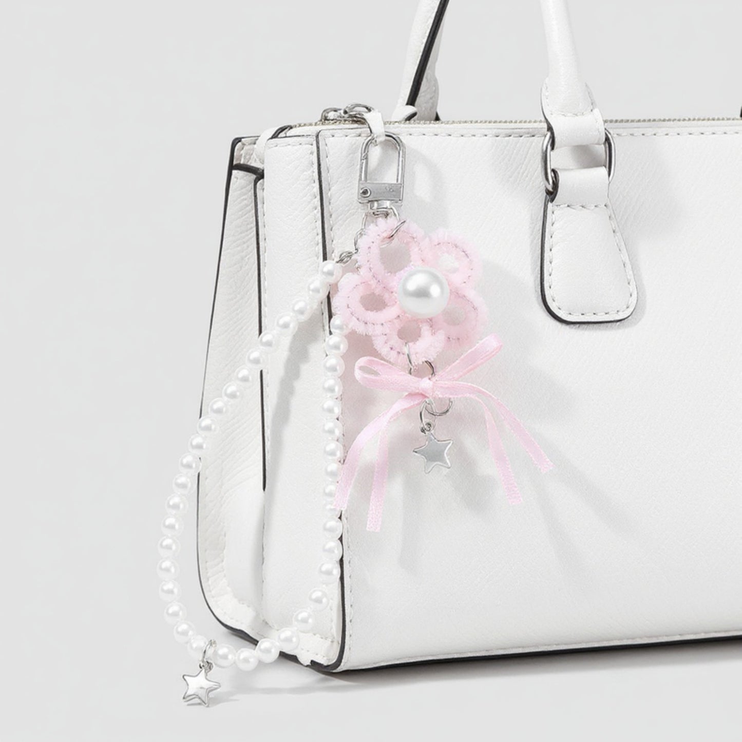 Pearl Beaded Keychain with Ribbon Bow and Star Charms