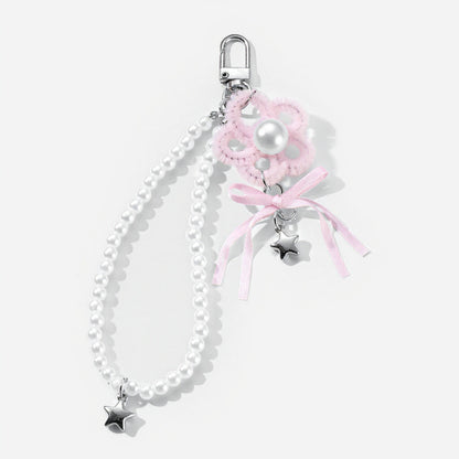 Pearl Beaded Keychain with Ribbon Bow and Star Charms