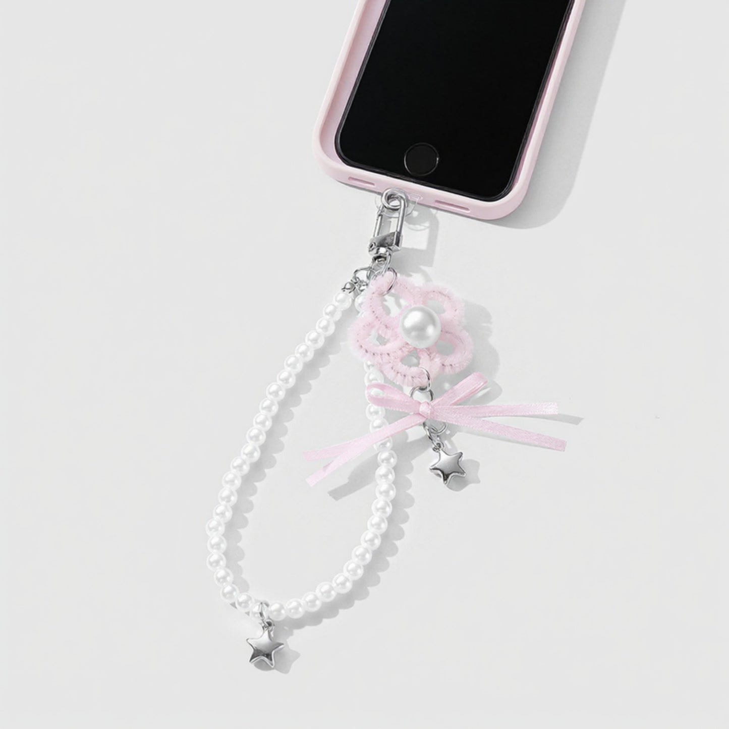 Pearl Beaded Keychain with Ribbon Bow and Star Charms