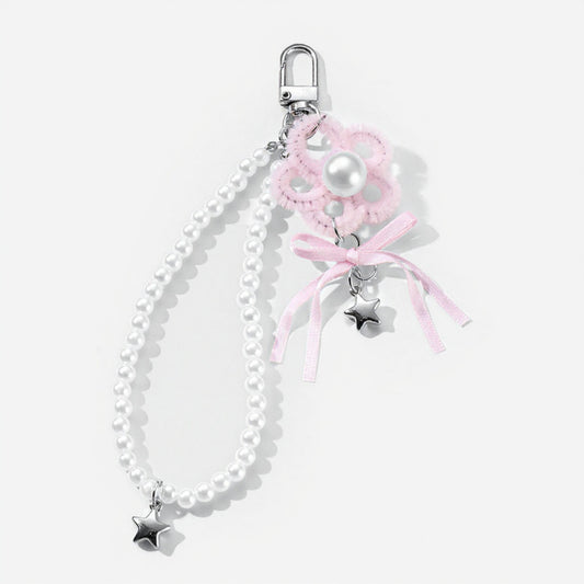 Pearl Beaded Keychain with Ribbon Bow and Star Charms