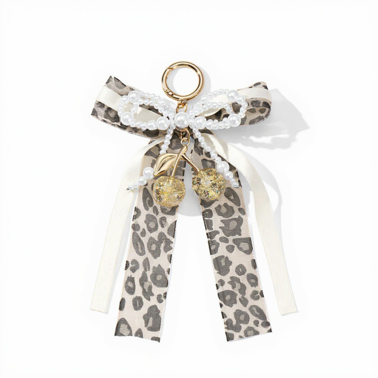 Leopard Print Ribbon Keychain with Pearl Bow and Cherry Charms