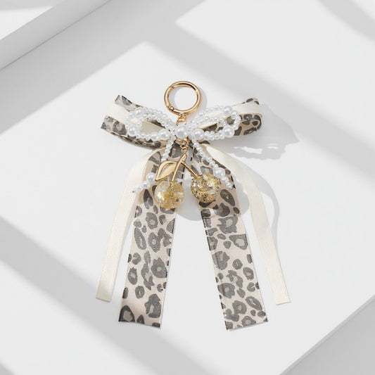 Leopard Print Ribbon Keychain with Pearl Bow and Cherry Charms