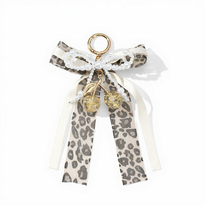 Leopard Print Ribbon Keychain with Pearl Bow and Cherry Charms