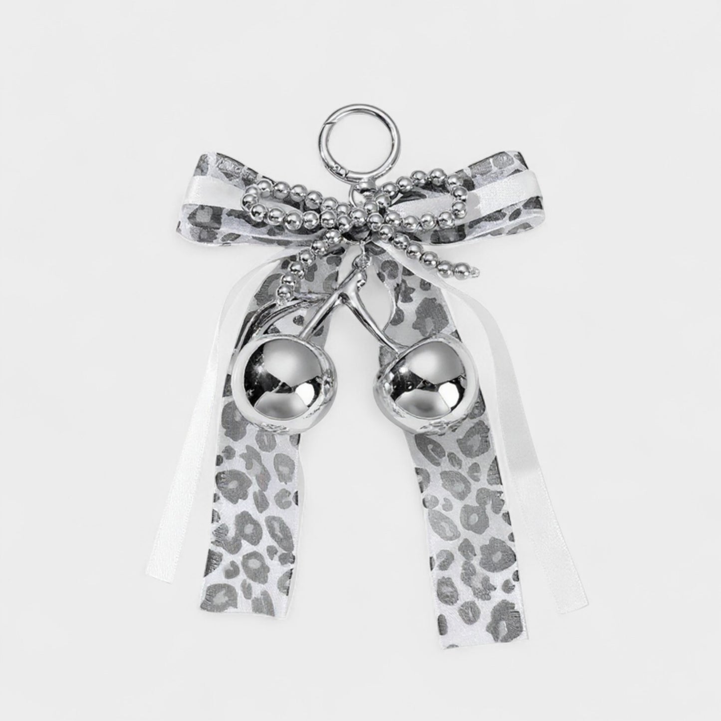 Leopard Print Ribbon Keychain with Pearl Bow and Cherry Charms