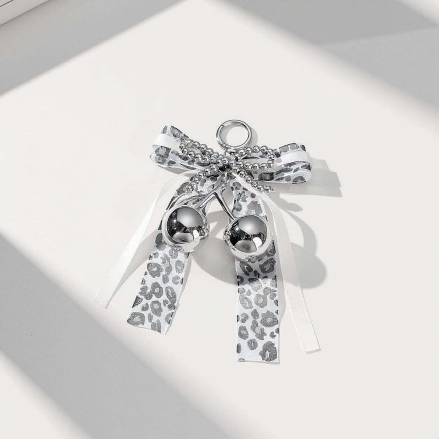 Leopard Print Ribbon Keychain with Pearl Bow and Cherry Charms
