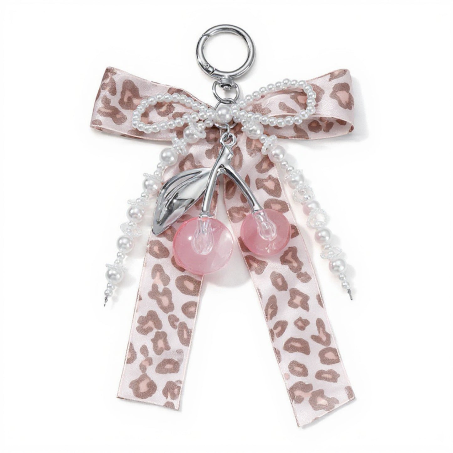 Leopard Print Ribbon Keychain with Pearl Bow and Cherry Charms