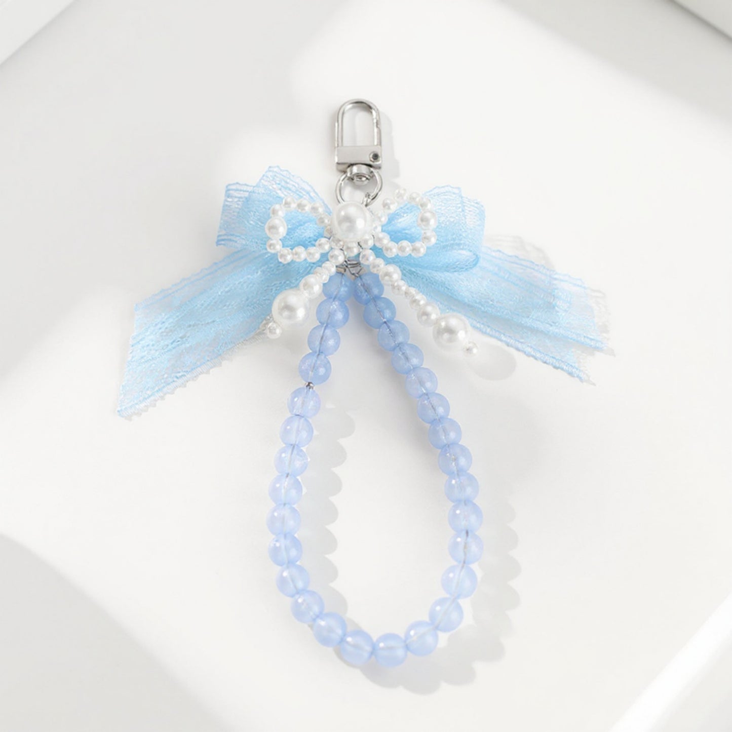 Beaded Keychain with Lace Bow and Pearl Accents