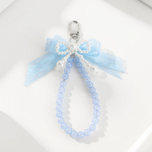 Beaded Keychain with Lace Bow and Pearl Accents