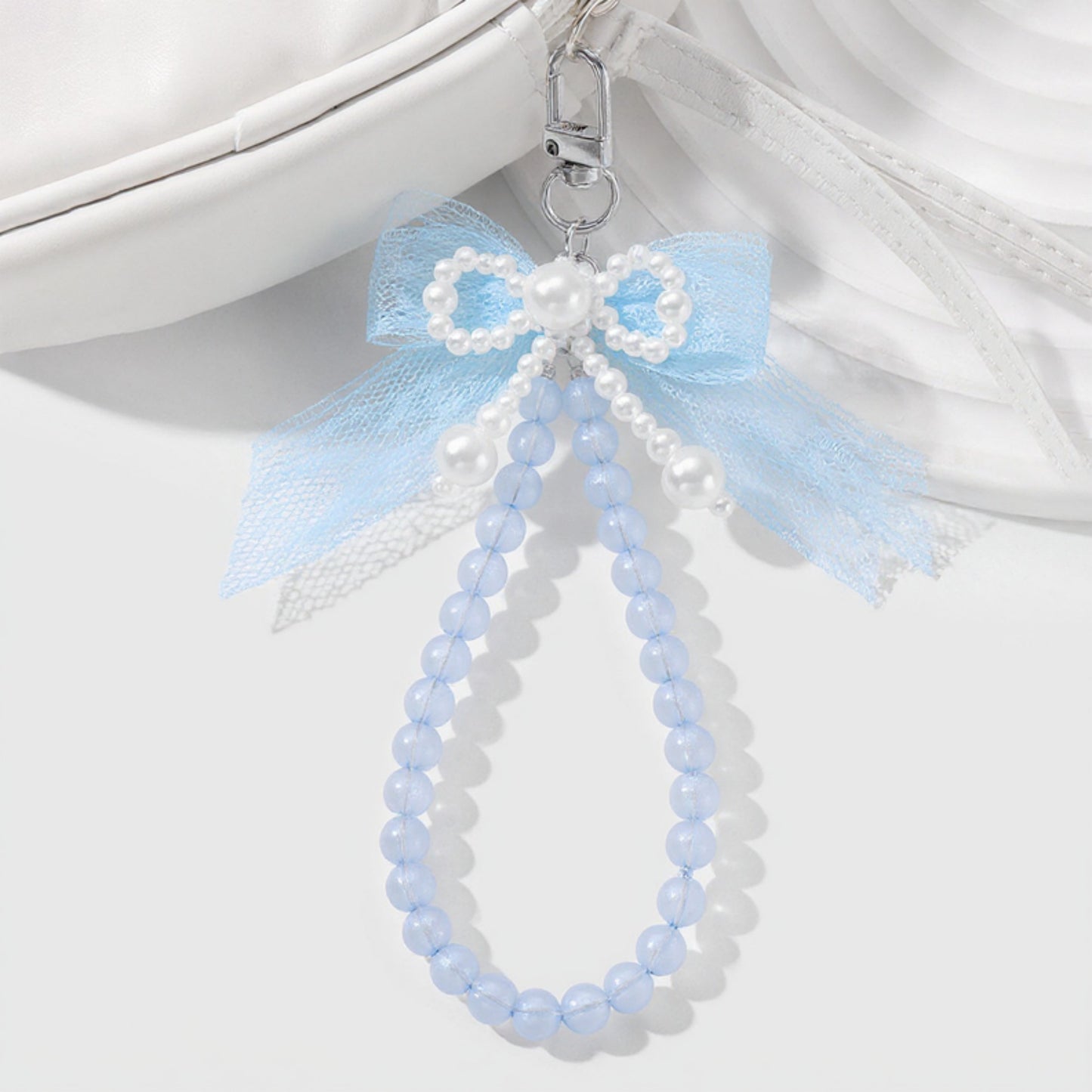 Beaded Keychain with Lace Bow and Pearl Accents
