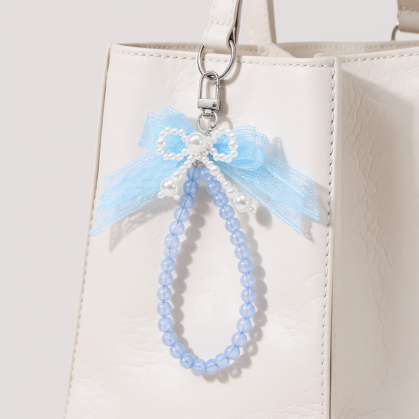Beaded Keychain with Lace Bow and Pearl Accents