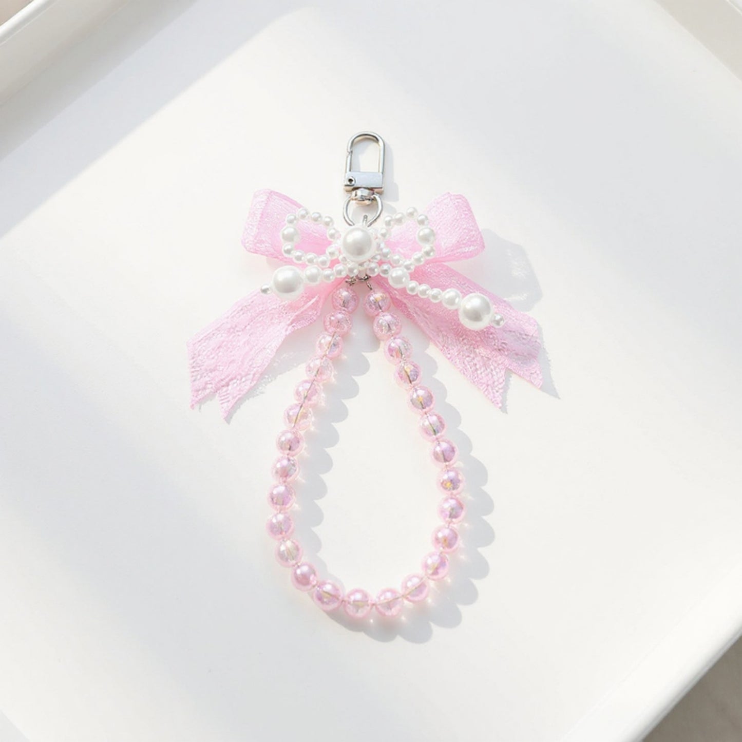 Beaded Keychain with Lace Bow and Pearl Accents