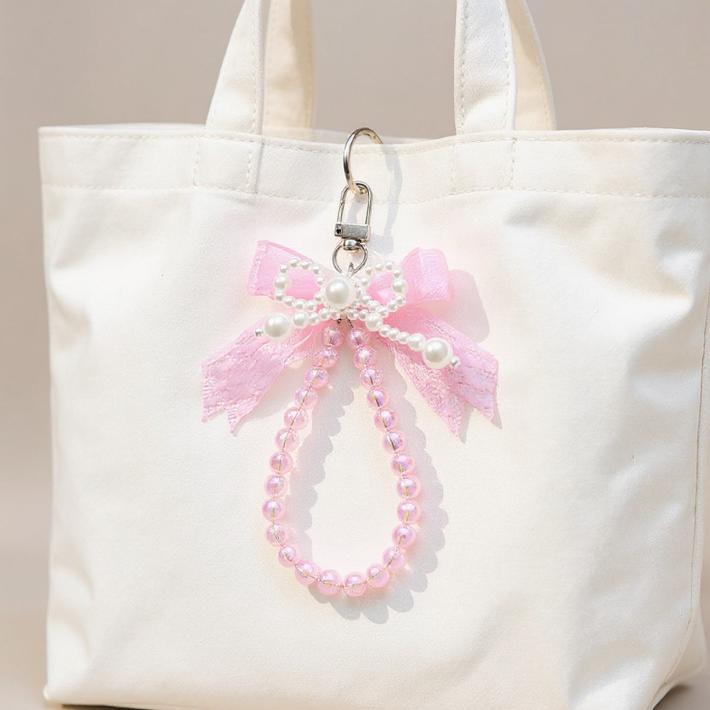 Beaded Keychain with Lace Bow and Pearl Accents