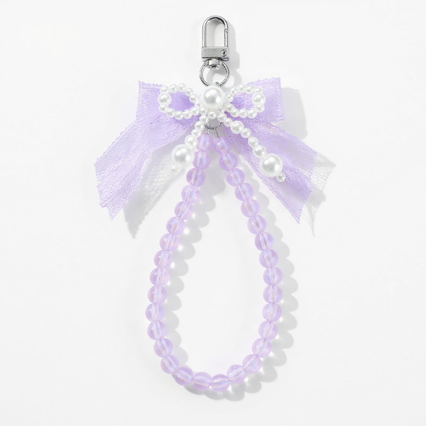 Beaded Keychain with Lace Bow and Pearl Accents