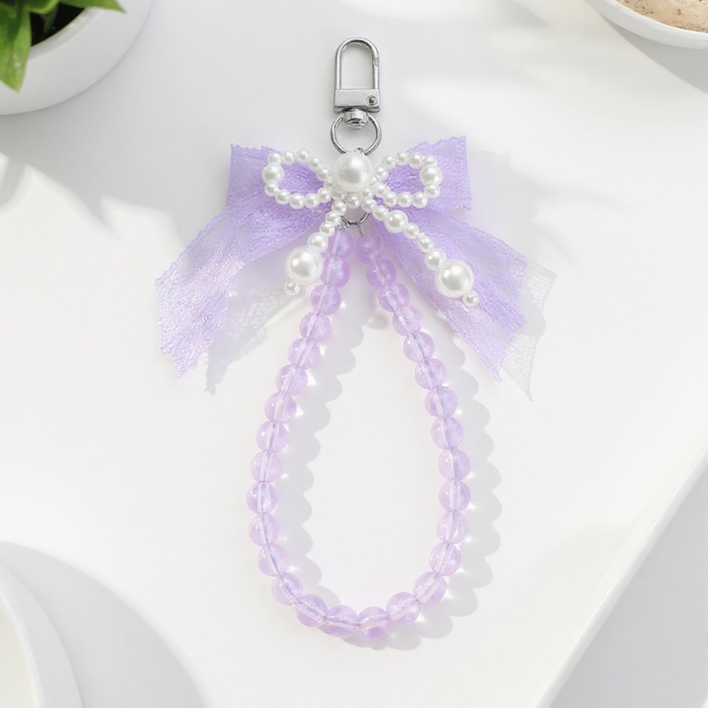 Beaded Keychain with Lace Bow and Pearl Accents