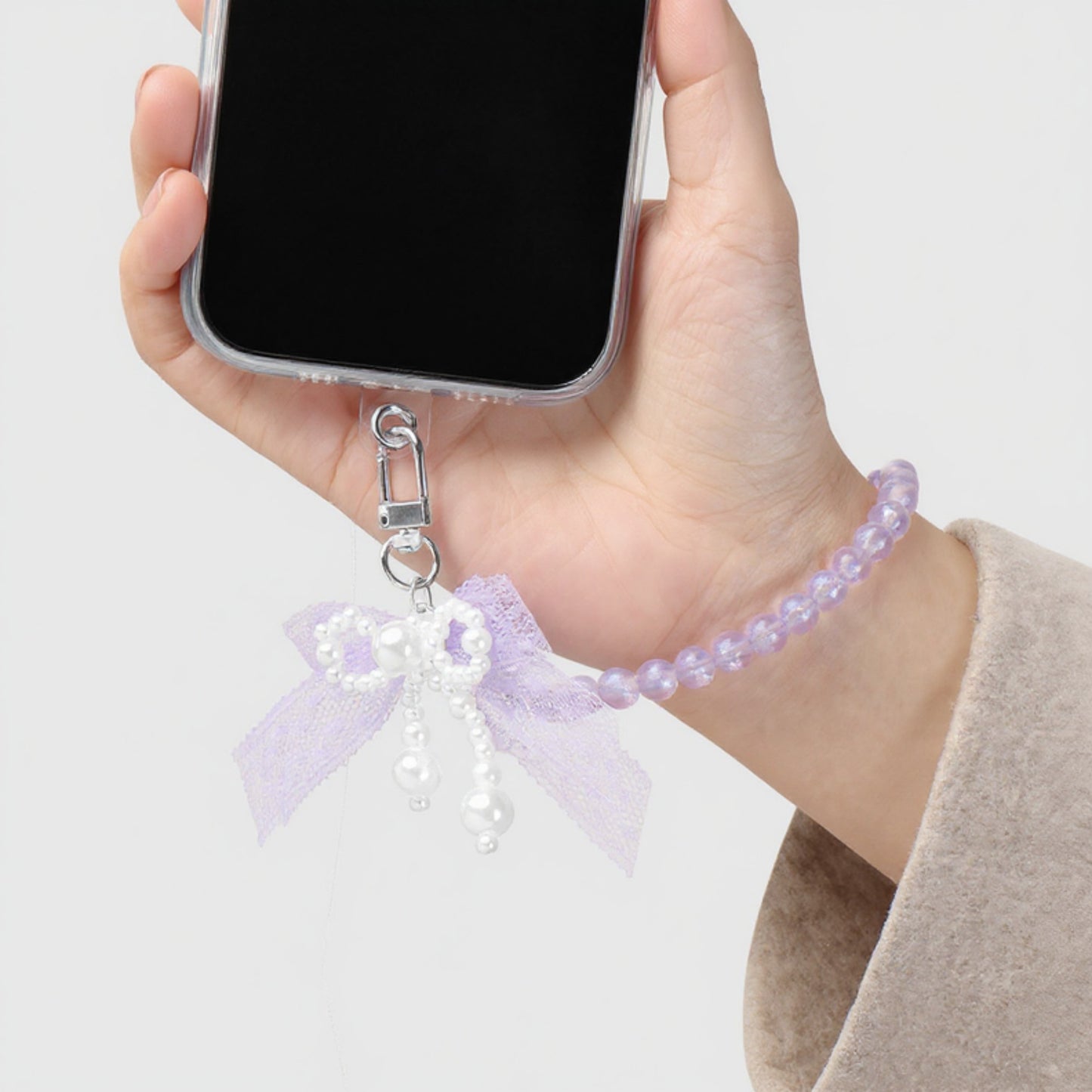 Beaded Keychain with Lace Bow and Pearl Accents