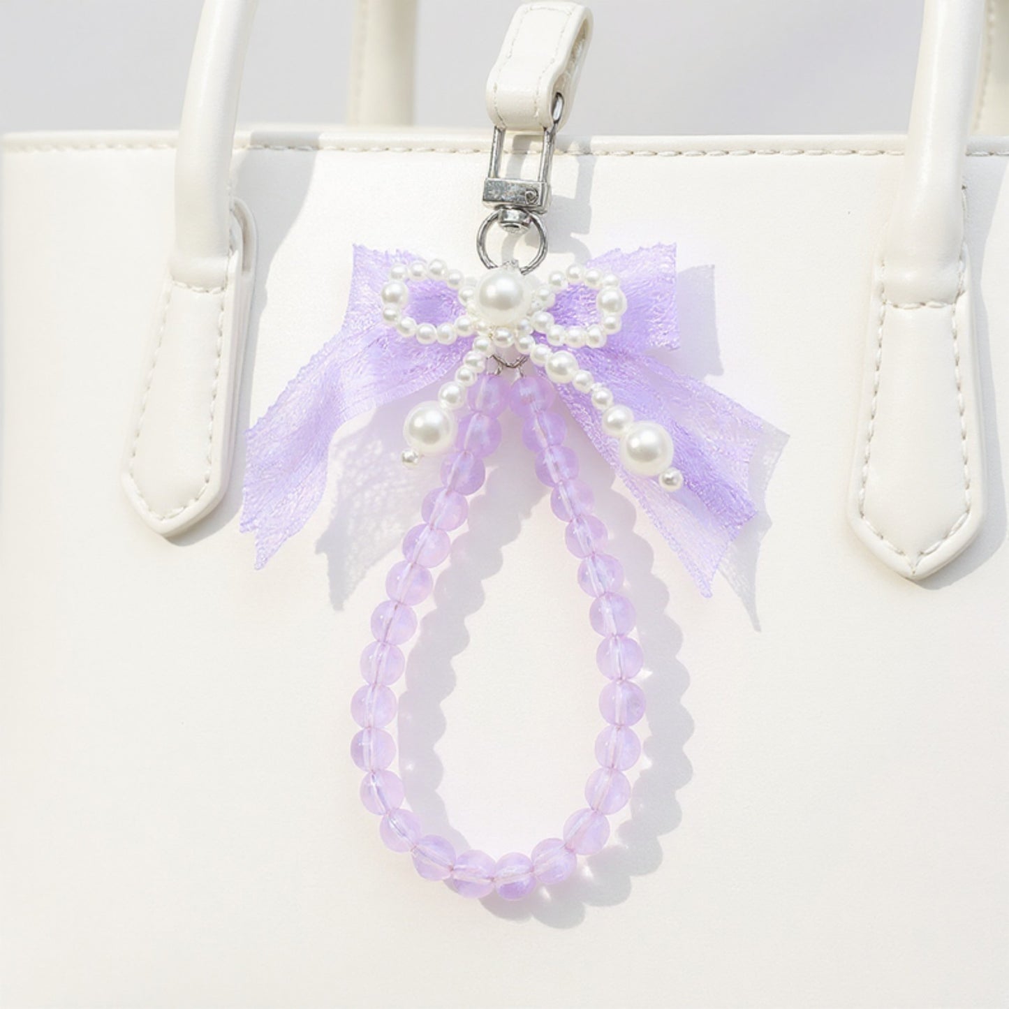 Beaded Keychain with Lace Bow and Pearl Accents