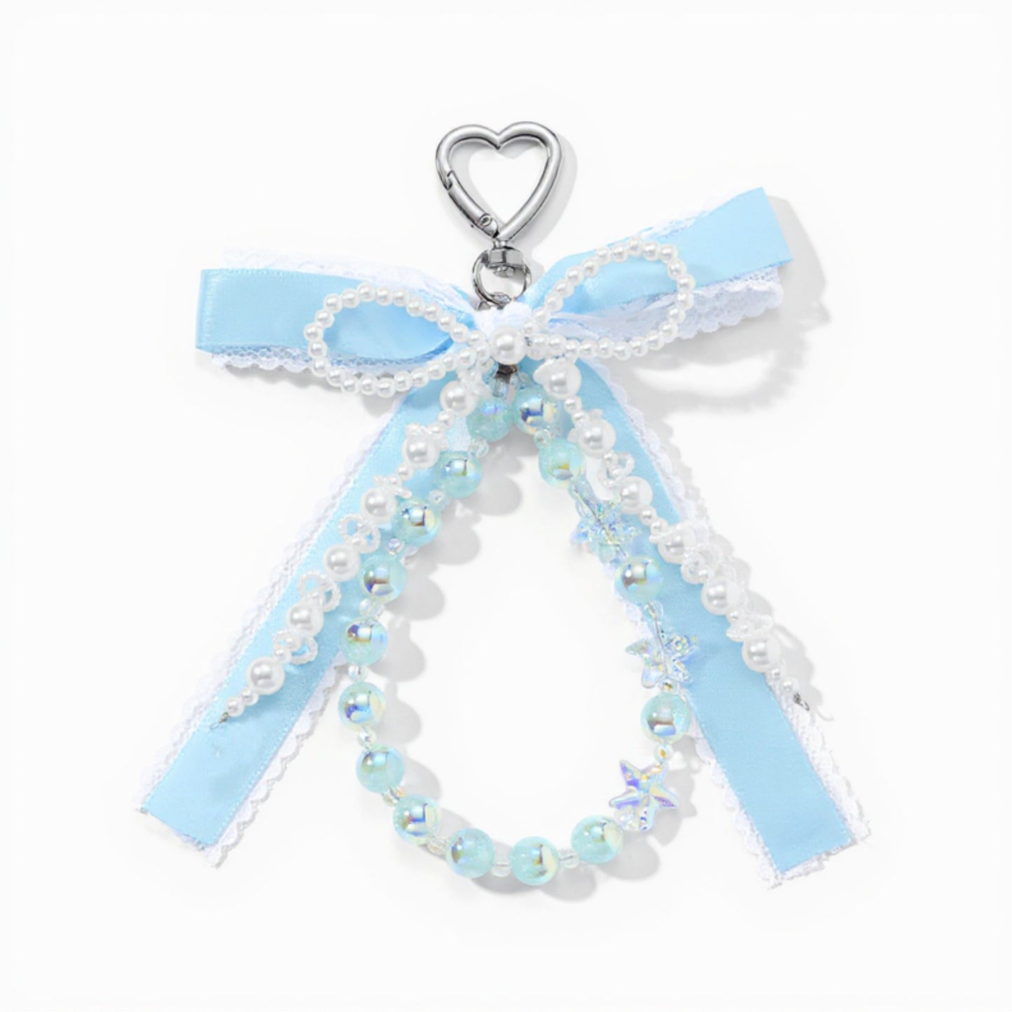 Blue Ribbon Keychain with Pearl Bow and Iridescent Beaded Star Charms