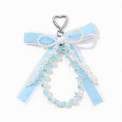 Blue Ribbon Keychain with Pearl Bow and Iridescent Beaded Star Charms