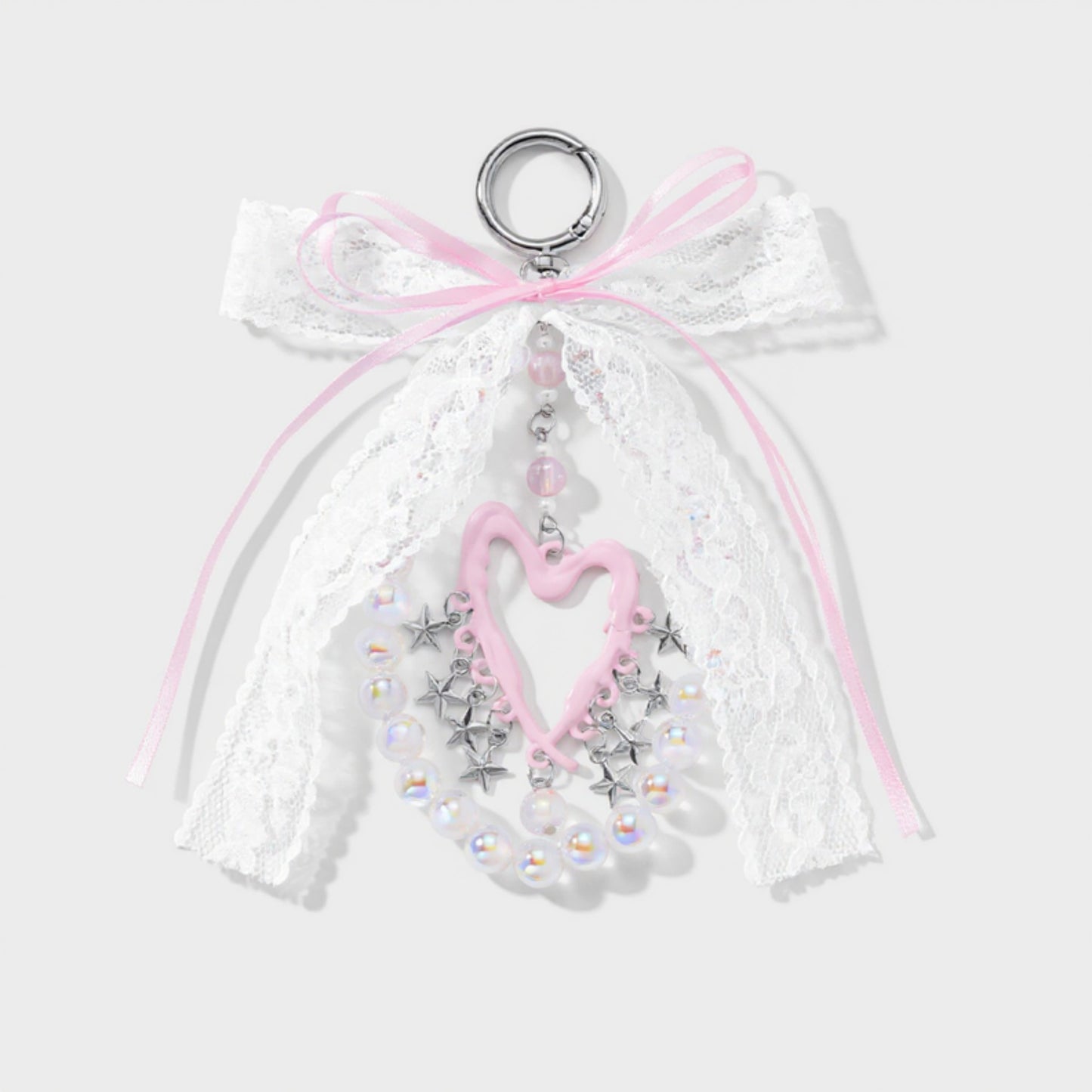 Blue Ribbon Keychain with Pearl Bow and Iridescent Beaded Star Charms