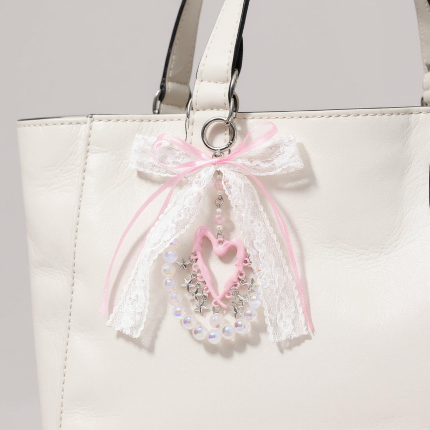 Blue Ribbon Keychain with Pearl Bow and Iridescent Beaded Star Charms