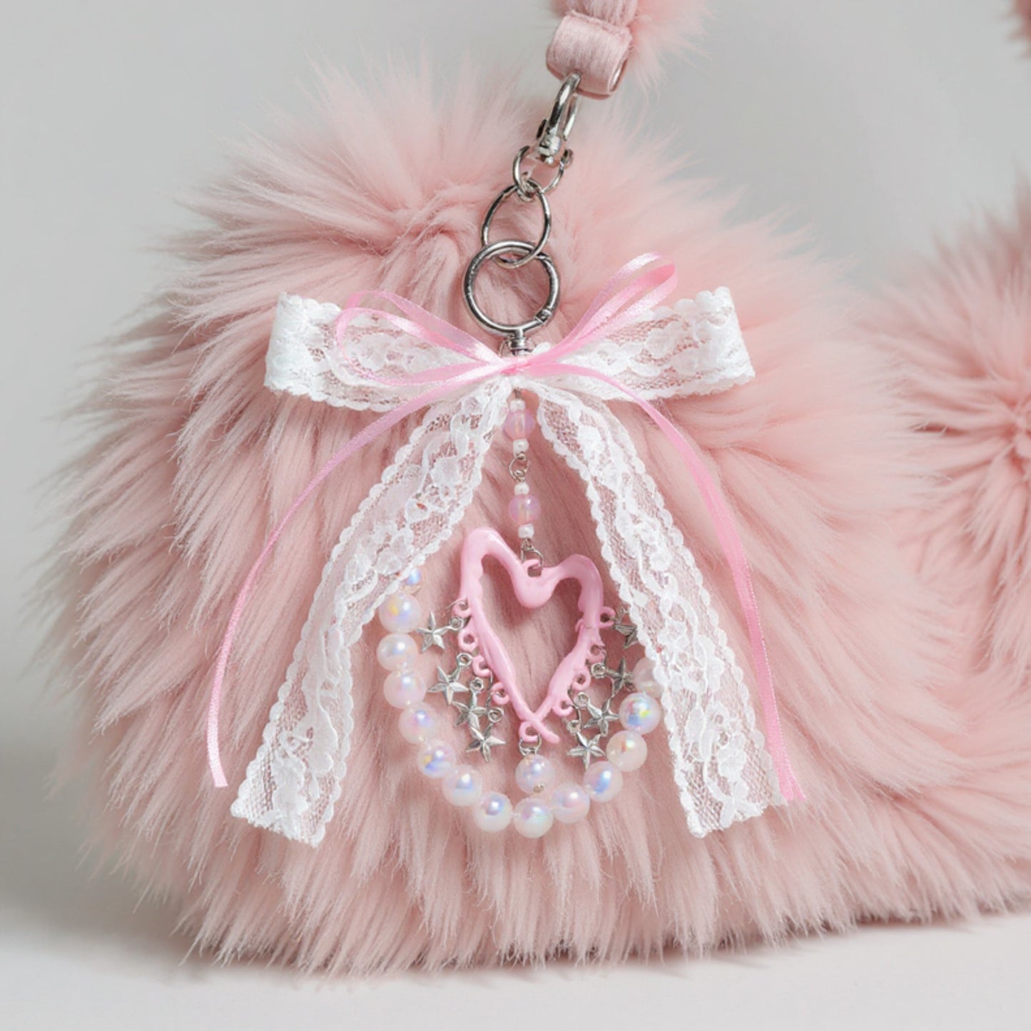 Blue Ribbon Keychain with Pearl Bow and Iridescent Beaded Star Charms