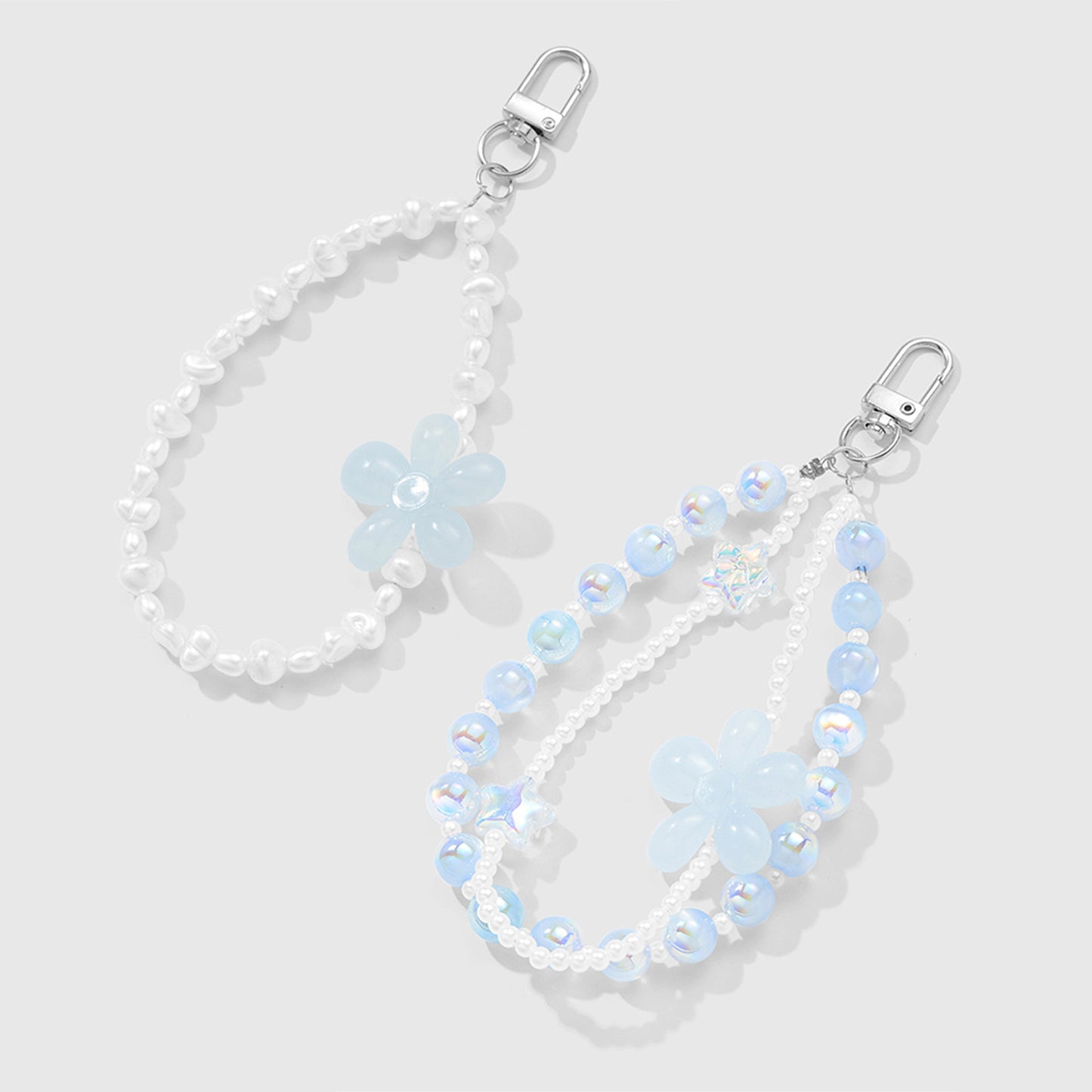 2-Piece Blue Beaded Keychain with Flower Charm and Silver Star Accents