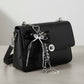 Black Lace Bow Keychain with Heart Clasp and Beaded Ribbon Details