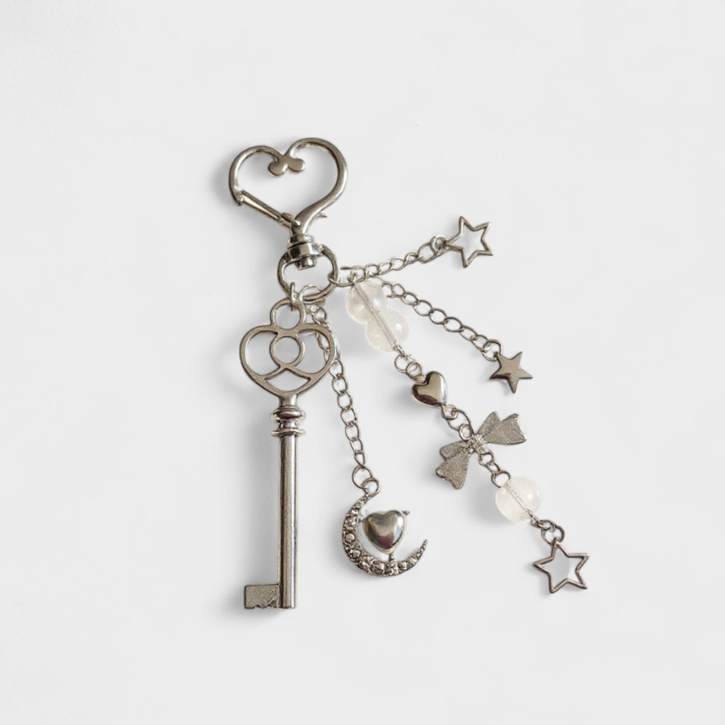 Silver Heart Keychain with Moon, Star, and Bow Charms