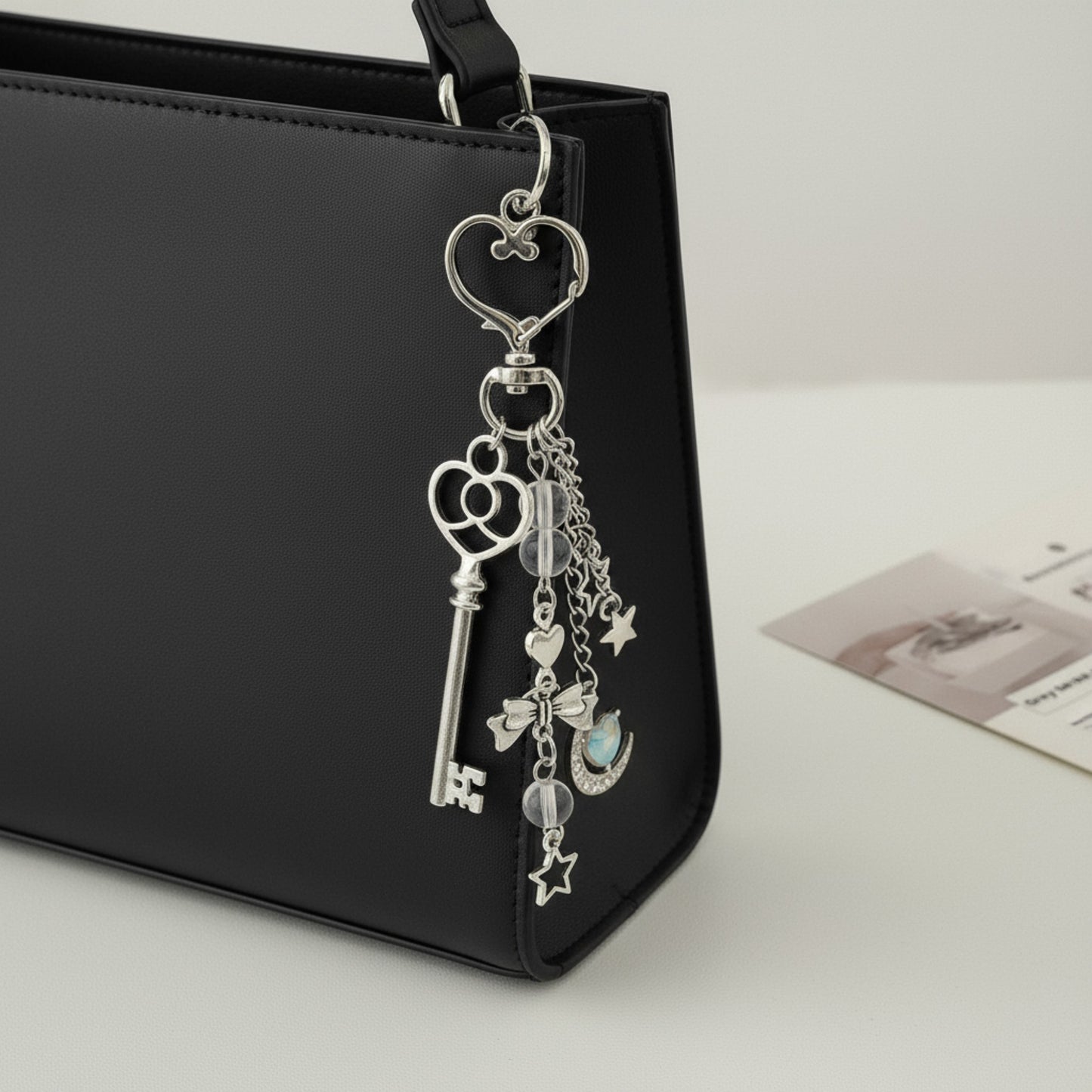 Silver Heart Keychain with Moon, Star, and Bow Charms