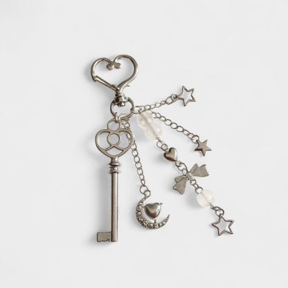 Silver Heart Keychain with Moon, Star, and Bow Charms