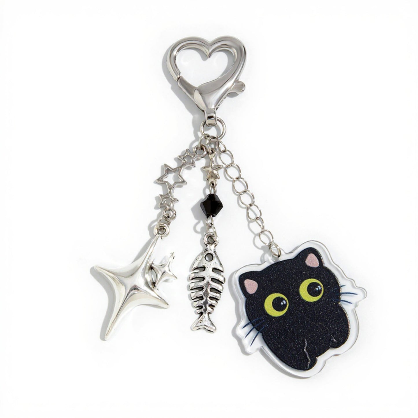 Black Cat Keychain with Heart Clasp and Silver Charms