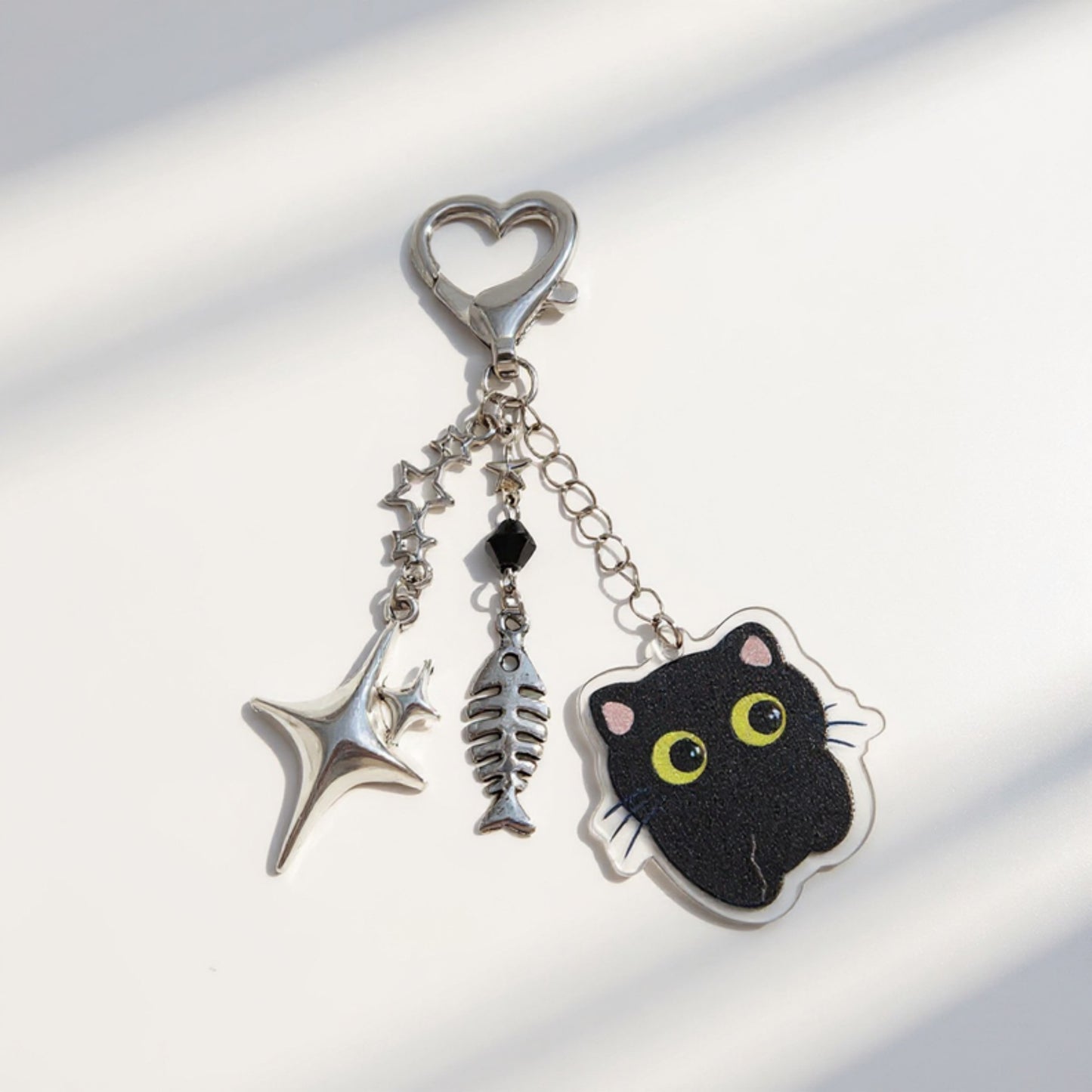 Black Cat Keychain with Heart Clasp and Silver Charms